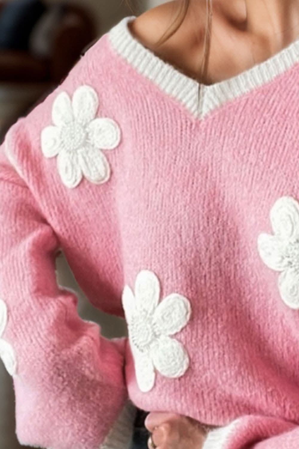 Floral v-neck dropped shoulder sweater - Love Salve